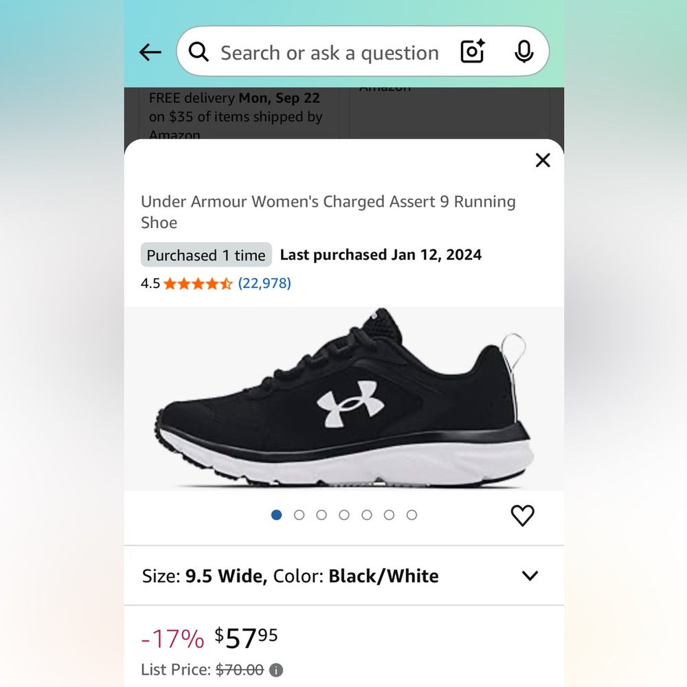 Under Armour Black and White Charged Assert 9 Shoe. I wore only a few times